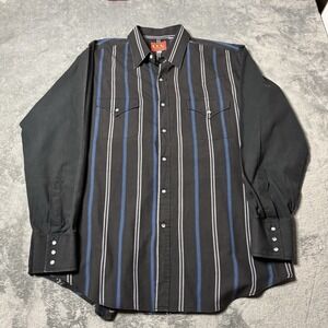 Vtg Ely Plains Shirt Pearl Snap Western Cowboy‎ Striped Blue Yoke XL